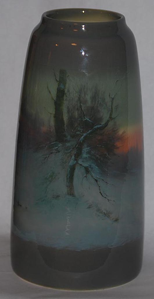 Rookwood Iris Glaze Scenic 14-inch vase. Estimate: $5,000-$7,500. Image courtesy of Just Art Pottery Auction.